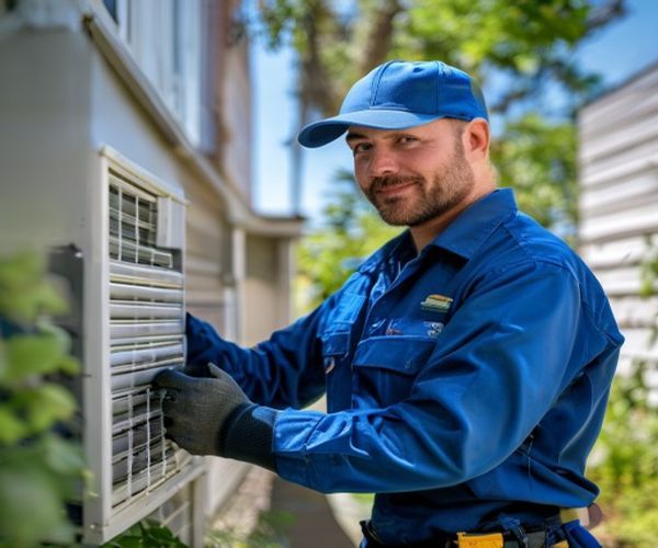 HVAC technician working on an outdoor unit